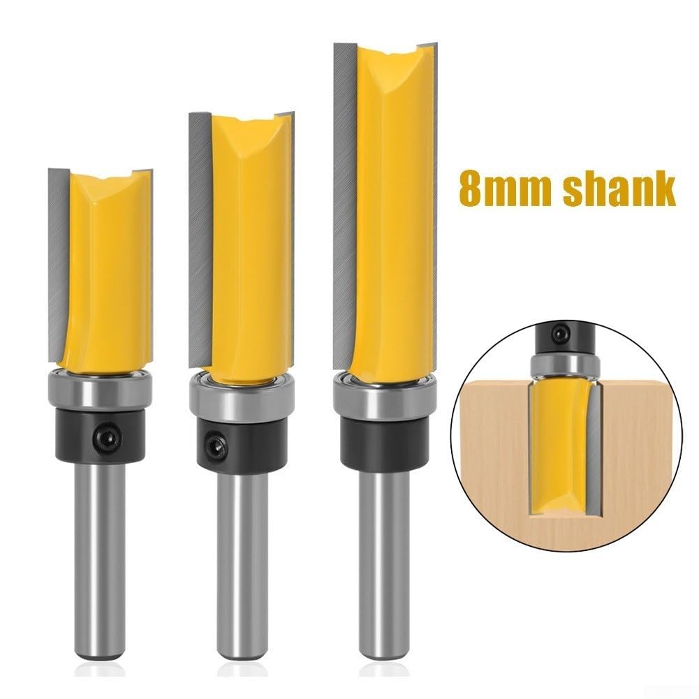 8 mm Schaft, bündiger Fräser mit Lager, Hartmetall-Schablonen-Fräser für Holzbearbeitung, 5/8-Zoll-Klinge, oberes und unteres Lager-Design für Schubladenherstellung (3 Stück)
