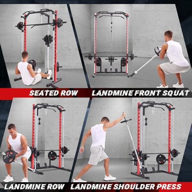 OPPSDECOR Smith Machine Squat Rack with LAT-Pull Down Multifunctional Power Rack with Cable Crossover Machine Power Cage with Barbell Bar Full Body Training Attachments for Home & Garage Gym