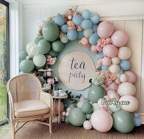 Image of Dusty Green Pink Blue Balloon Arch Double Stuffed Pastel Pink Dusty Blue Light Sage Green White Latex Balloon Garland Kit for Boho Baby Shower Birthday Gender Reveal Tea Valentine Party Decoration