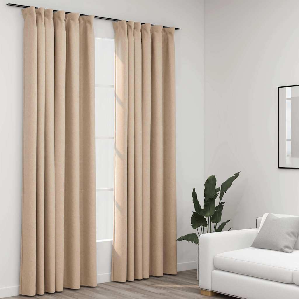 Lot de 2 rideaux occultants, crochet, aspect lin, beige, 140 x 245 cm, polyester, brise-vue, protection solaire, brise-vue, pour salon, chambre à coucher, rail, lavable en machine