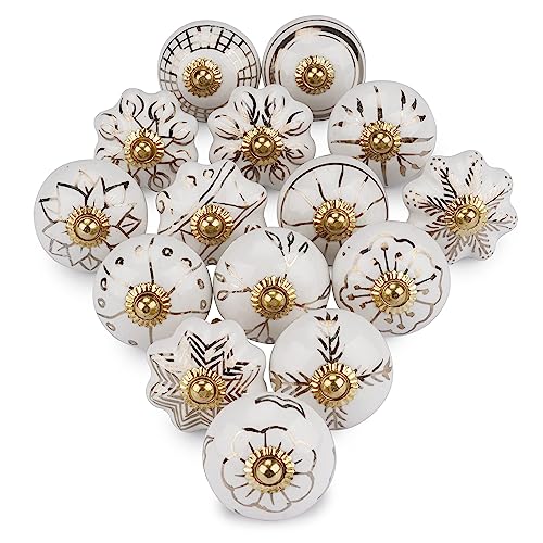 Ajuny Set of 20 Ceramic Knobs White and Gold Cupboard Door Drawer and Furniture Pulls for Kitchen Cabinets Bathroom Dresser Handmade Pottery Decorative Handles Knobs