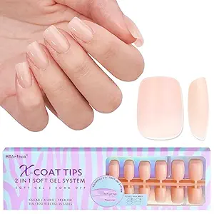 BTArtbox Square Nail Tips - 15 Size Fake Nail Short 2 in 1 Neutral X-coat Tips Pre-applied Tip Primer,Upgrade Full Matte Pre-shaped Gel Nail Tips Soak Off Nails for Women and Girl Valentines Gift