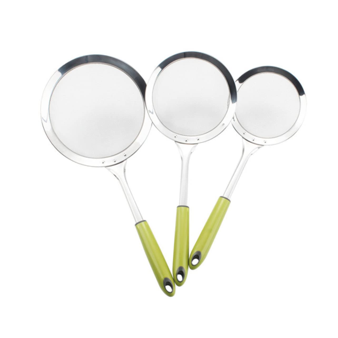 Healifty Stainless Steel Noodle Strainer with Long Green Handle Skimmer for Skimming Stirring and Straining Kitchen Cooking Wide Mesh Design