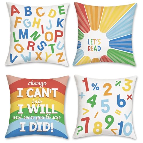 Bonhause Kids Throw Pillow Covers 18 x 18 Inch Set of 4 Reading Classroom Rainbow Alphabet ABC Soft Velvet Decorative Pillow Cases for Couch Sofa Bed Kids Room Decor