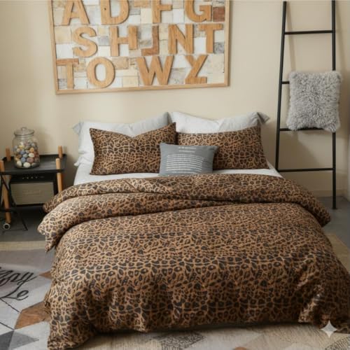 Image of Duvet Cover Set Twin Size Cheetah Print Bedding Set for Girls Boys,Leopard Duvet Cover Brown with Zipper Closure and 1 Pillowcase,Dorm Comforter Duvet Cover Set