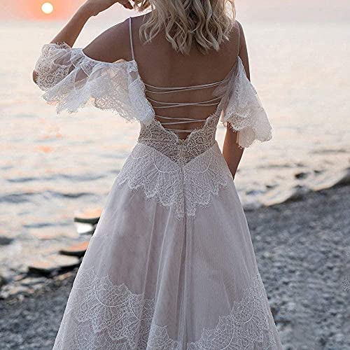 Women's Wedding Dresses Chic Lace Evening Dresses V Neck Ruffle Sleeves Beachy Boho Outdoorsy Wedding Gowns2
