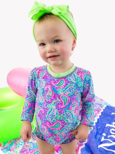 Image of RuffleButts Baby Girls UPF 50+ Sun Protection Floral Printed Long Sleeve One Piece Rash Guard Swimsuit with Zipper