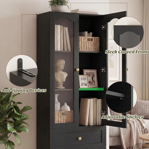 Image of Cyclysio 80 inch Tall Pantry Cabinet for Kitchen Storage, 2 Set Black Pantry Cabinet with Glass Doors & 3 Drawers - Freestanding Storage Bookcase with Built-in Baseboard Notch for Dining, Living Room
