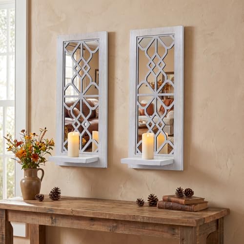 ZEXUIRU 2 Set Rustic Candle Sconces Living Room Bedroom Entryway Wood Mirrored Farmhouse Carved Frame Wall-Mount Wooden Candle Holders Wall Decor Hanging Handmade Holder - Distressed White