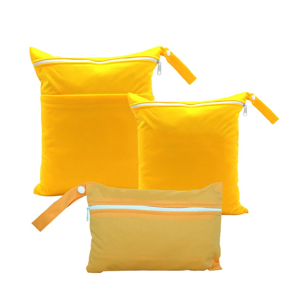 Hixingo 3 Packs Wet Bag, Reusable Washable Nappy Stuff Sack, Portable Waterproof Wet Dry Organizer Bag Sack with Zipper Pockets, for Clothes, Swimming, Travel, Beach (Yellow,3pcs)