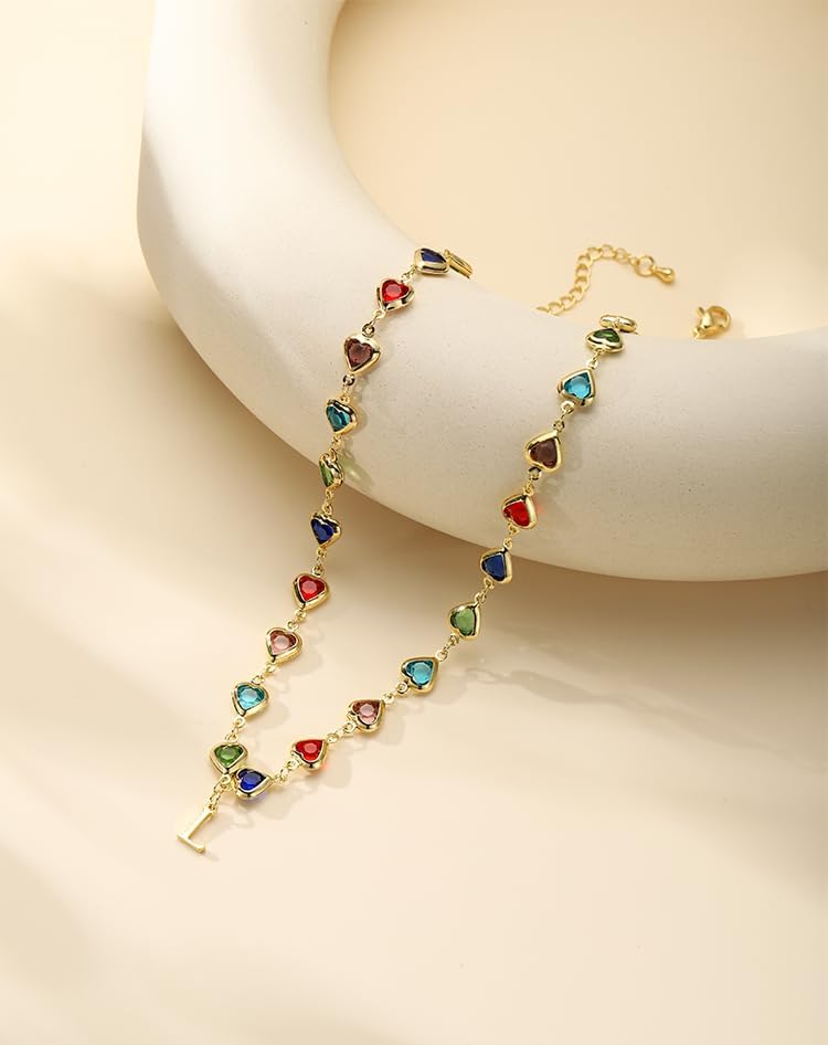 Colorful Heart Initial Necklaces for Women 14K Gold Plated Necklace Cute Choker Necklace Dainty Name Necklace Trendy Jewelry Birthday Gifts for Women - Image 5