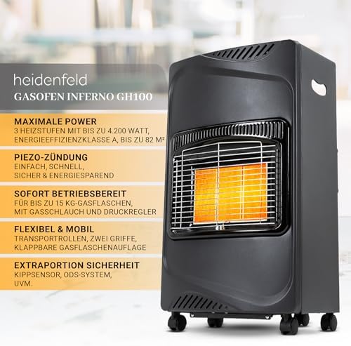 Bild 1 - Heidenfeld Gasheizung Inferno GH100 | 𝟑 𝐉𝐀𝐇𝐑𝐄 𝐆𝐀𝐑𝐀𝐍𝐓𝐈𝐄 - 4200 Watt - Heizstrahler - Gasheizung für Innenräume - Gasofen - Gasheizer - Gasflaschen bis 15 Kg - Gasschlauch (Schwarz)