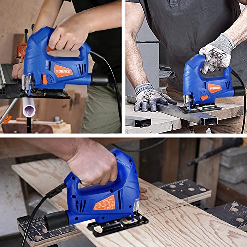 Image of SORAKO Jigsaw, 5.0Amp Jig Saw Tool Corded Electric Power Cutter,800-3000 SPM Jig Saw, 6 Variable Speed, 0-45 Bevel Cutting, 4 Orbital Sets, for Woodworking with 2PCS Blades & Scale Ruler