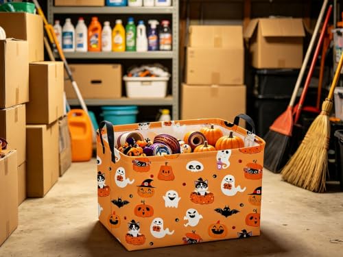 Image of Sanjiaofeng Rectangular Cat Halloween Basket Spooky Storage Bins,Gloomy Storage Basket with Handles.Clothers,Books,Party Gifts Bins.Halloween Party Baskets(Cute Cat)