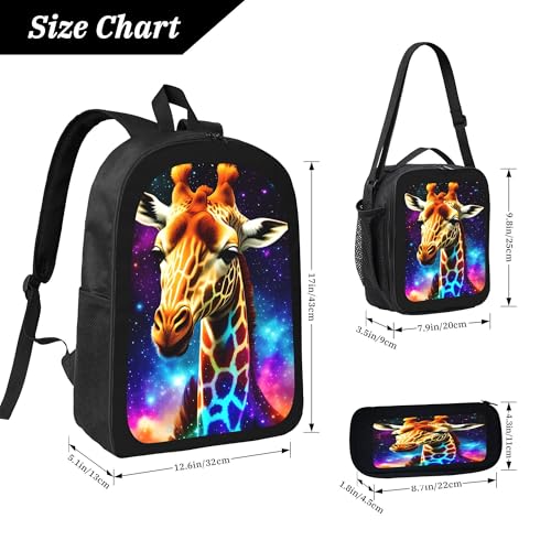 3PCS Backpack for Women Men With Lunch Box Pencil Bag 17 Inch Lightweight Adjustable Strap Back Pack 3 In 1 Set Colorful Giraffe Animal Casual Daypack Unisex Fit Travel Work Camping3