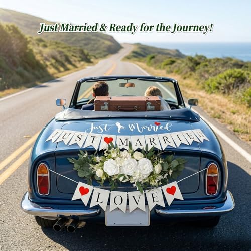 Image of Just Married Car Wedding Decorations Kit with Artificial Flower Floral Swag / Just Married Love Sign Banner and Car Bouquet & Window Decals, Wedding Car Accessories for Bridal Shower Honeymoon Decor