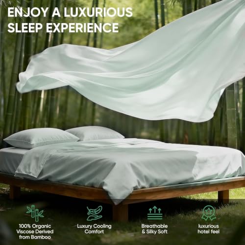 Image of TWK Real 100% Viscose Derived from Bamboo Sheets Set King Size, Cooling & Silky Soft for Hot Sleeper, Breathable & Moisture Wicking Fabric, 18 inch Deep Pocket with Corner Straps (Sea Glass, King)