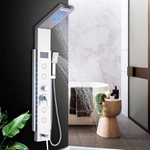 Pannello Doccia Idromassaggio per Vasca con 5 In 1 Funzioni LED Colonna Doccia Set in 304 Acciaio Inox Con Display LCD, Miscelatore Vasca Da Bagno, Soffione Doccia A Cascata Argento