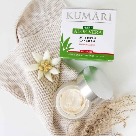 KUMARI Lift & Repair Day Cream con aloe vera + Edelweiss reafirma la piel y alisa las arrugas – Crema de día vegana antiedad con 70% de jugo de aloe vera orgánico sin diluir (50 ml)