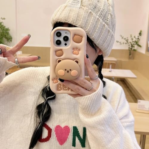 Image of MIDOS Back Cover Compatible With iPhone 14 Pro Max Soft Silicone 3D Cute Cartoon With Holder Full Protective Case For iPhone 14 Pro Max (Bear),Beige