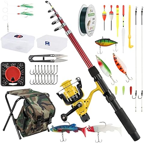 Alwonder Telescopic Fishing Rod and Reel Combo Stool Backpack Kids Fishing Rod Starter Complete Set for Junior Beginners Fishing Set with Seat Fishing Hooks Line Rigs Float Spoons Soft Plastic Lure Cover