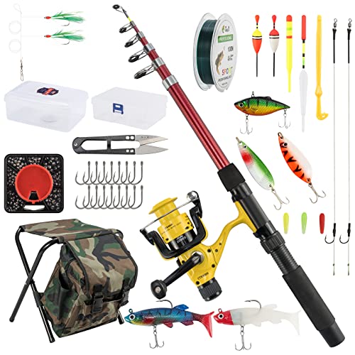 Combo de pesca telescópico con taburete mochila y aparejos para principiantes