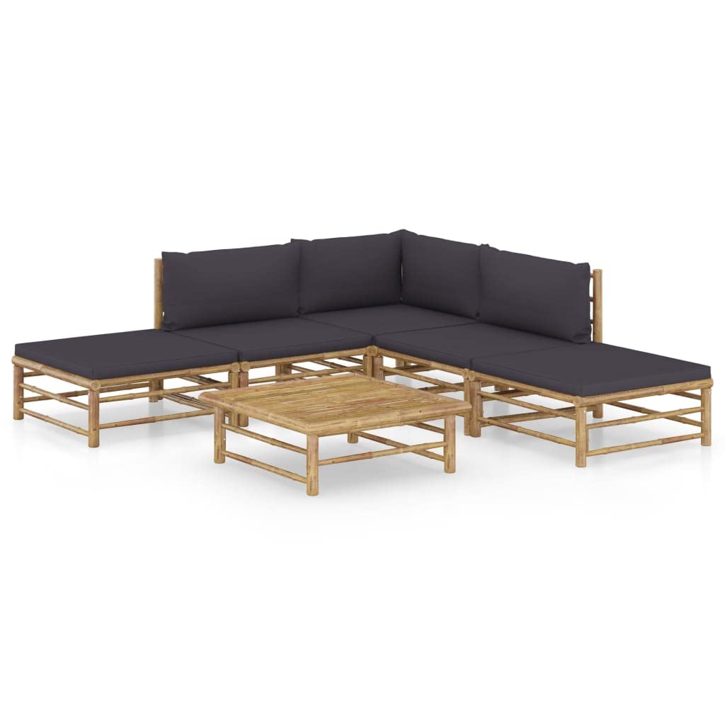 Juego de 6 muebles de bambú para jardín con cojines de color gris oscuro, juego de muebles modulares de bambú con fundas de almohada extraíbles y lavables