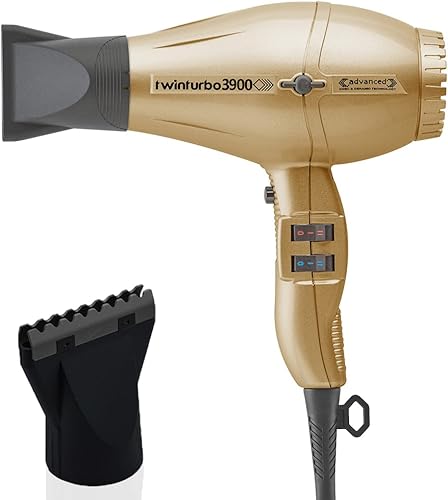 Turbo Power Twin Turbo 3900 Advanced Ionic & Ceramic Eco Friendly Gold Secador de pelo y accesorio M Hair Designs Hot Blow Negro (paquete de 2