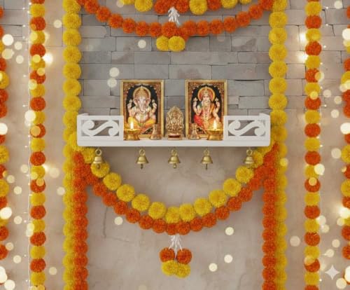 Image of Wooden Wall Shelf with Bells, Traditional Indian Style, Rectangular, Painted Finish | Mandir wall Shelf for Home and Office (White)