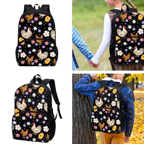 Gomyblomy Chicken Print School Backpack for Teen 3Piece School Bags Set with Lunch Box and Pencil Case Lightweight Kids Girls School Bookbag Travel Daypack Purse3