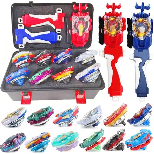 Battling Tops Box Set, Burst Gyro Toys 12 Spinning Tops + 2 Launchers + Stickers Combat Battling Game with Portable Box Gift for Kids Children Boys