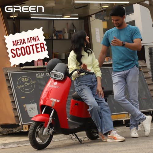 Image of Green Udaan Electric Scooter for adult�s commuter, No RTO Registration or DL required, 75kms Range & 25kmph, Comfortable Wider Deck E-Bike | Red