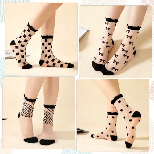 Image of Jspupifip Sheer See Through Socks for Women - Striped Plaid Mesh | Polka Dot & Bow Design Transparent Soft Breathable Fashion Stockings, Lightweight Lace Socks