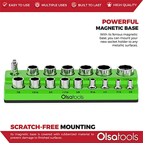 Image of Olsa Tools Magnetic Socket Organizer - 1 /2-Inch Drive SAE Socket Holder with Strong Magnets - Professional Tool Holder and Tool Organizer - Stores up to 16 Sockets - Green - Part: 1117