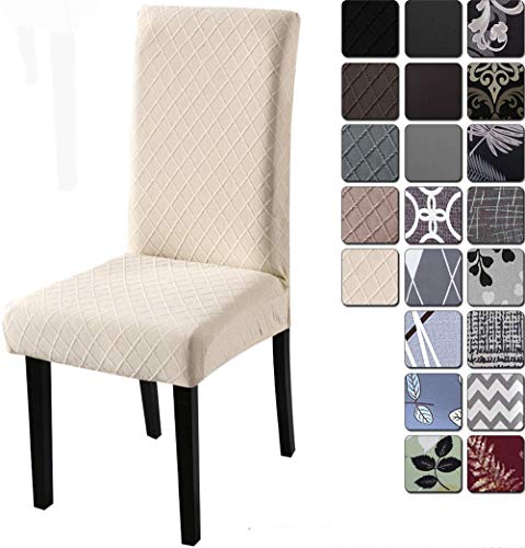 LINGKY Stretch Dining Chair Polyester Spandex Fabric Slipcovers Washable Removable Chair Slipcover Dining Chair Protector Cover for Kitchen Dining Room (Beige/Jacquard Pack of 4)