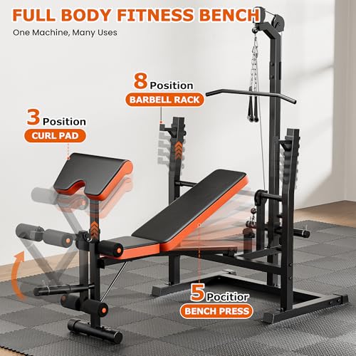 Image of 9-in-1 Adjustable Olympic Weight Bench with Lat Pulldown, Row, Squat Rack & Leg Curl - Multi-Function Strength Training Bench Press for Home Gym Full Body Workout