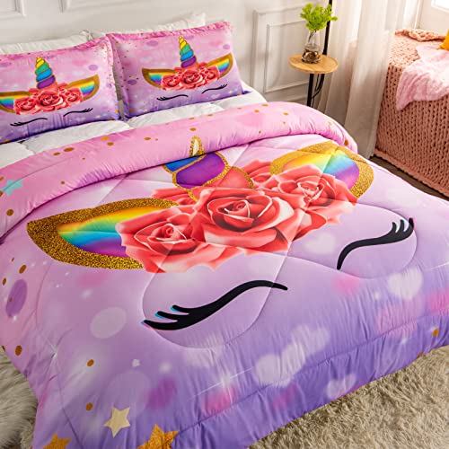 Sirdo Unicorn Full Bedding Sets For Girls Kids Comforter Set Full Size With 2 Pillowcases Purple Unicorn Room Decor For Girls Bedroom Ultra Soft Machine Washable Toddler Bed Set #TOP2