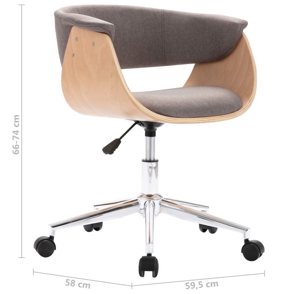Krzesło do jadalni obrotowe, szarobrązowe z łukowatym drewnem i tapicerowanym materiałem, ergonomiczne, z podłokietnikami, kółkami z tworzywa sztucznego i regulacją wysokości, nowoczesne do