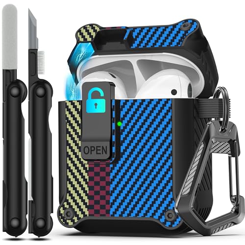 Image of RFUNGUANGO AirPods 2 Case with Lock Magnetic Lid, Carbon Fiber Blue