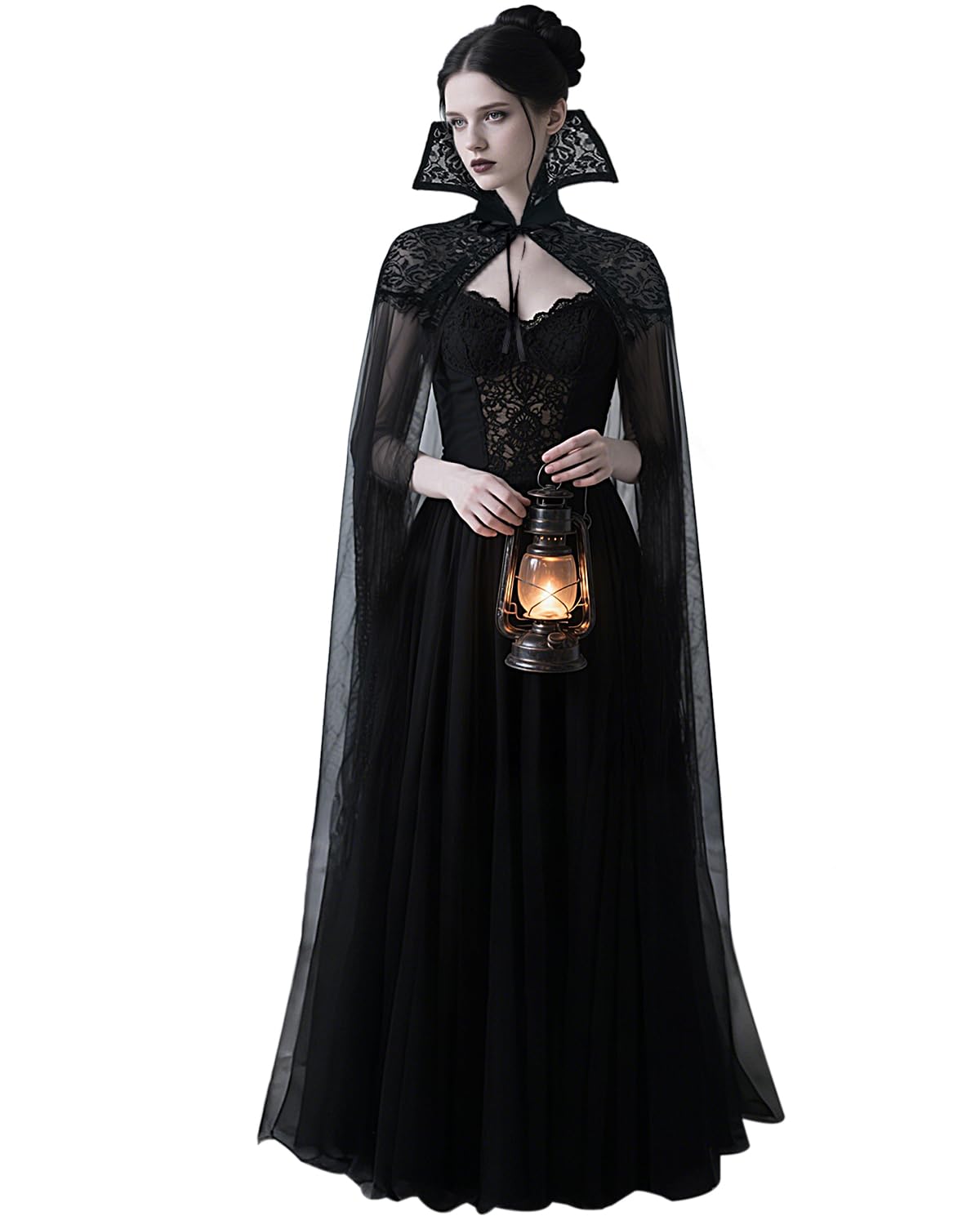 keland Gothic Langer Tüll Vampirumhang mit Stehkragen Spitze für Damen (Schwarz)