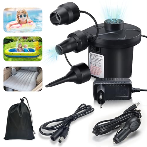 Elektrische Luftpumpe, Luftpumpe für Luftmatratze 2 in 1 Elektrische Pumpe Aufblasbar und Ablassen Luftpumpe Elektrisch mit 3 Luftdüse und Verlängerungskabel für Matratze Pool Boot Schwimmring