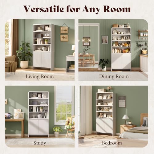 Image of AMERLIFE 71 inch Modern Bookcase Set of 2 with Storage Cabinets, White | 2 Pieces Bookshelf Set, Storage Cabinets with Adjustable Shelves, Curved Design, Ideal for Living Room, Bedroom, Home Office