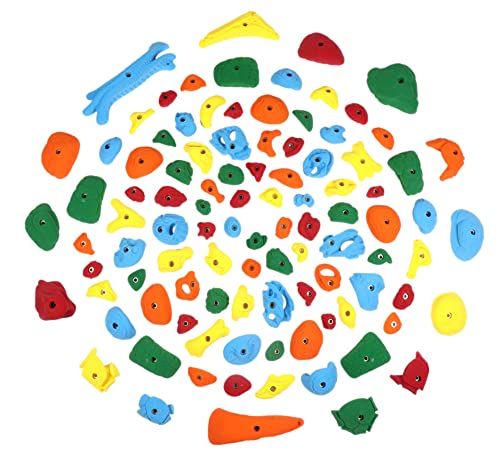 Atomik Rock Climbing Holds Set of 100 Bolt-On Rock-Like Crimpers, Pockets, Jugs and Footholds in Assorted Bright Tones