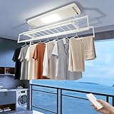 SanBouSi Stendibiancheria elettrica a soffitto, con telecomando + asta per illuminazione a LED, 130-215 cm, regolabile, telecomando da 20 m, per balconi di casa, bagno