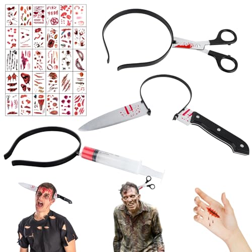 KFDDRN 3 Stück Blutige Schere Messer im Kopf, Spritze Horror Haarreif, Halloween Messer Im Kopf, 30 Stück Halloween Tattoos, Halloween Accessoire Dekorieren, Horror Haarreif Zombie Halloween Party