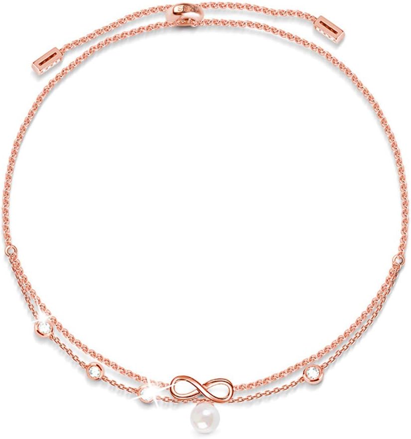 GNOCE 18K Rose Gold Plated Anklet with Pearl Infinity Love Anklet Lock 925 Sterling Silver Basic Chain Inlaid with CZ Stones Gift for Women