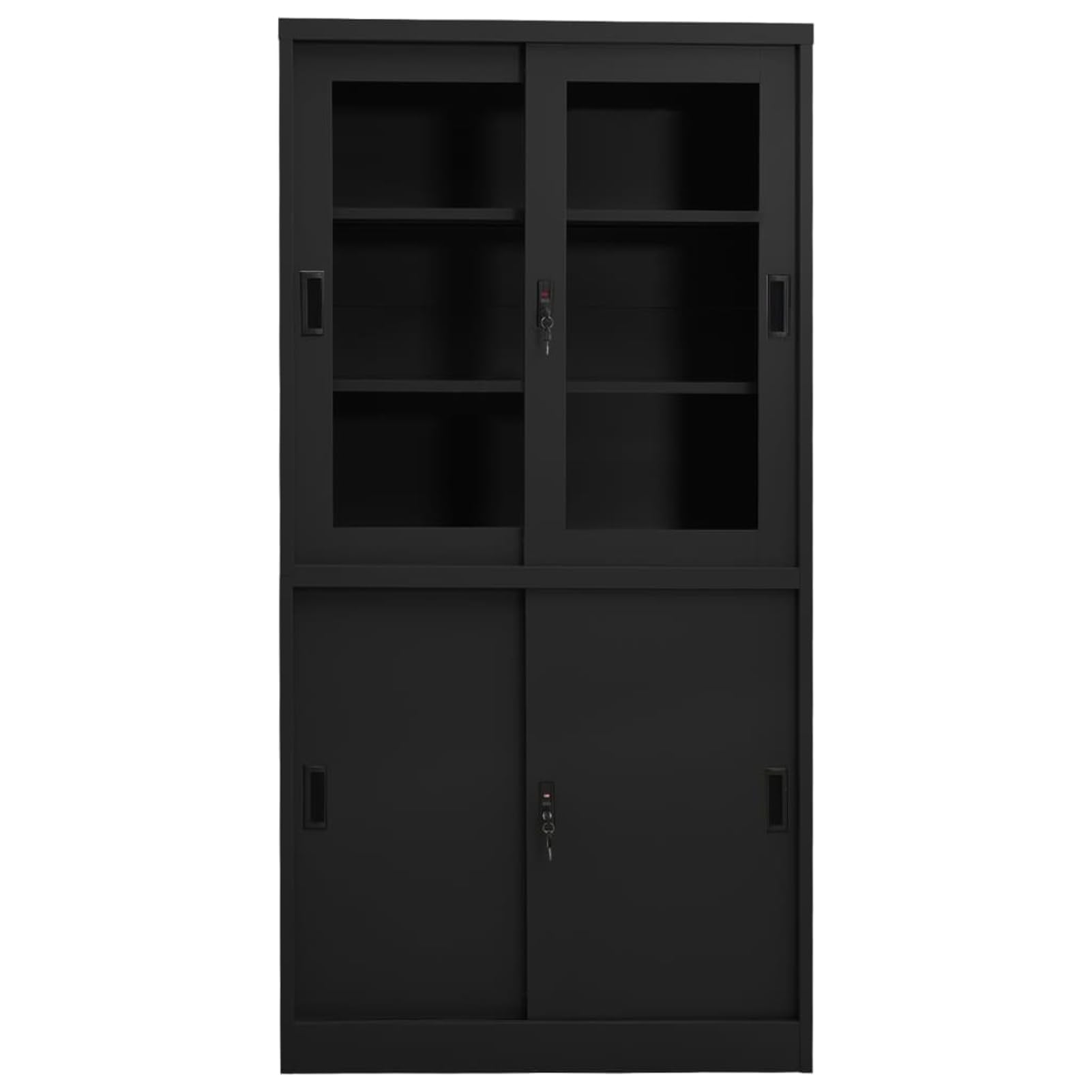 Gecheer Büroschrank, Schiebetür Stahlschrank mit 4 Türen und 3 einstellbaren Böden, 90x40x180 cm, Stahl und gehärtetes Glas für Büroorganisation und Dokumentenaufbewahrung