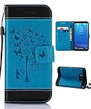 Samsung S8 Case,Galaxy S8 Wallet Case, FLYEE Flip Case Wallet Leather [kickstand] Emboss Butterfly Tree Folio Magnetic Protective Cover with Card Slots for Samsung Galaxy S8 Blue
