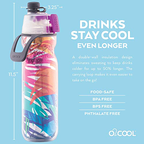 O2COOL Mist 'N Sip Misting Water Bottle 2-in-1 Mist And Sip Function With No Leak Pull Top Spout Reusable Sports Water Bottle - 20 oz (Palm Leaf)