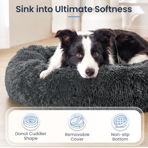 Image of JOLLYVOGUE Calming Washable Dog Bed Medium Size Dog, 31 Inch Donut Medium Dog Bed with Removable Cover, Anti-Slip Round Fluffy Faux Fur Bed, Fits up to 45 lbs Pets, Dark Grey